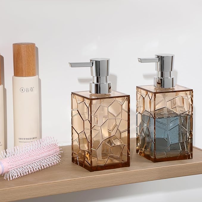 Hand Soap Dispenser, Clear Acrylic Plastic Liquid Pump Bottles Refillable Lotion Dispenser for Bathroom Decor Kitchen College Dorm, Light Brown