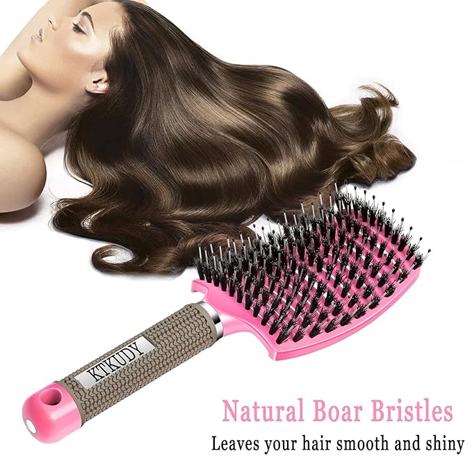 KTKUDY Detangling Hair Brush - Boar Bristle & Tangle-Free Design for Kids, Women, and Men - Perfect for Wet and Dry Hair - Smooth, Magical Pain-Free Styling (Pink)