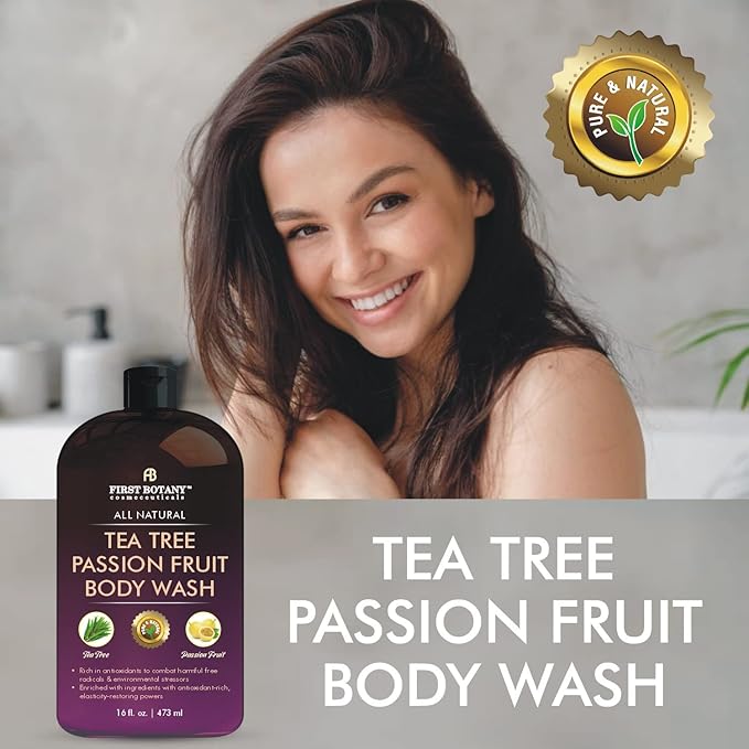 First Botany All Natural Body Wash - Fights Body Odor, Athlete's Foot, Jock Itch, Nail Issues, Dandruff, Acne, Eczema, Shower Gel for Women & Men, Skin Cleanser -16 fl oz (Passion Fruit)