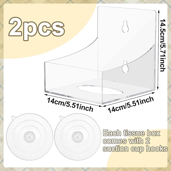Geelin 2 Pcs Tissue Box Holder Wall Mount Acrylic Dispenses Tissue Box Shelf Gloves Wipes Paper Napkins Organizer Upward or Downward for Kitchen Bathroom Office Rv (Clear)