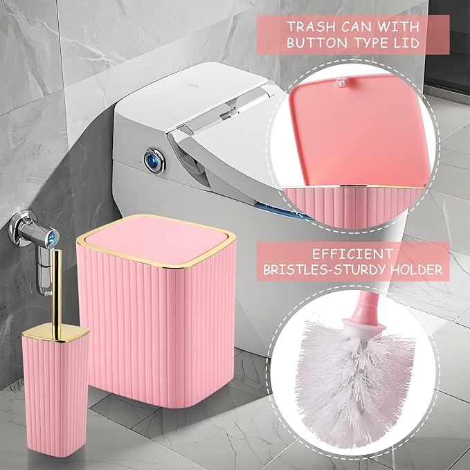 Pink Bathroom Accessories Set - Gorgeous Bathroom Set, 10PC Bathroom Accessory Set, Toilet Brush, Trash Can, Qtip Holder & Soap Dispenser