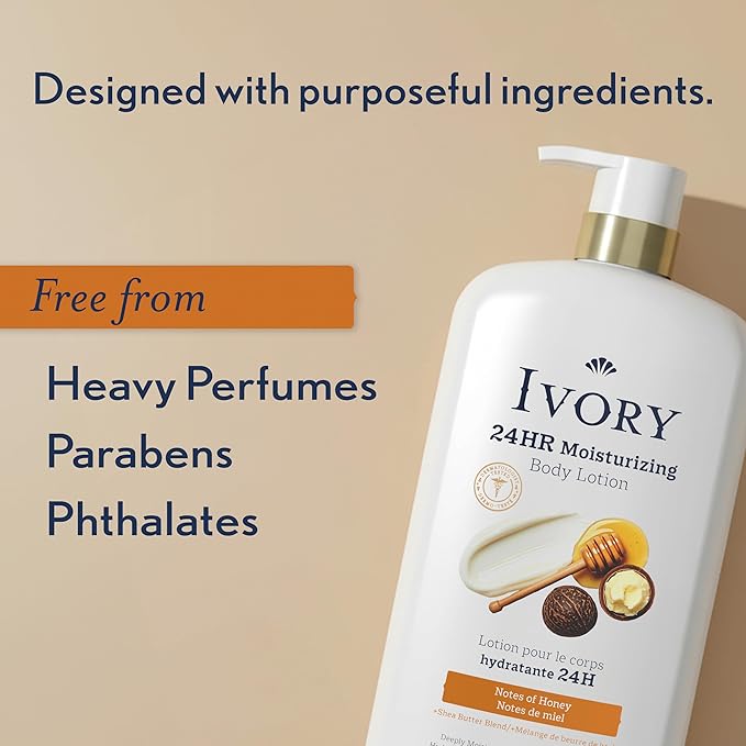 Ivory Hand & Body Lotion, 24hr Moisturizing, Repairs Extra Dry Skin, All Day Hydration, Lightweight Formula, Absorbs Instantly, Perfect for Daily Use, Shea Butter Blend, Honey Scent, 27 fl oz