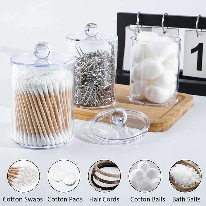 6 Pack Qtip Holder,Canister Apothecary Jar Set, Bathroom Jars with Lids Set for Cotton Swabs, Balls, Pads, Floss Picks,10oz-12oz Plastic Canisters Restroom Bedroom Vanity Organizer(Clear)