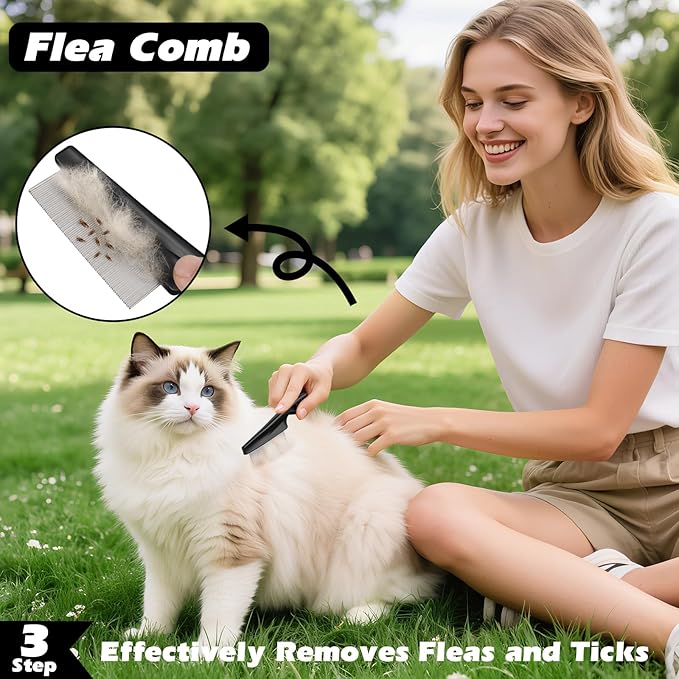3PCS Self Cleaning Slicker Brush & Pet Grooming Rake & Flea Comb for Dogs, Cats and Horses | Double-Sided Dematting Comb & Skin Friendly Deshedding Grooming Tool | Premium Pet Supplies (Blue)
