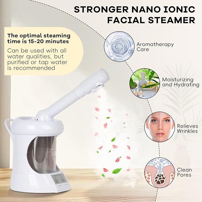 Facial Steamer, Facial Steamer Professional Tabletop with Extendable Nozzle, Portable Nano Ionic Face Steamer for Home Use（White）