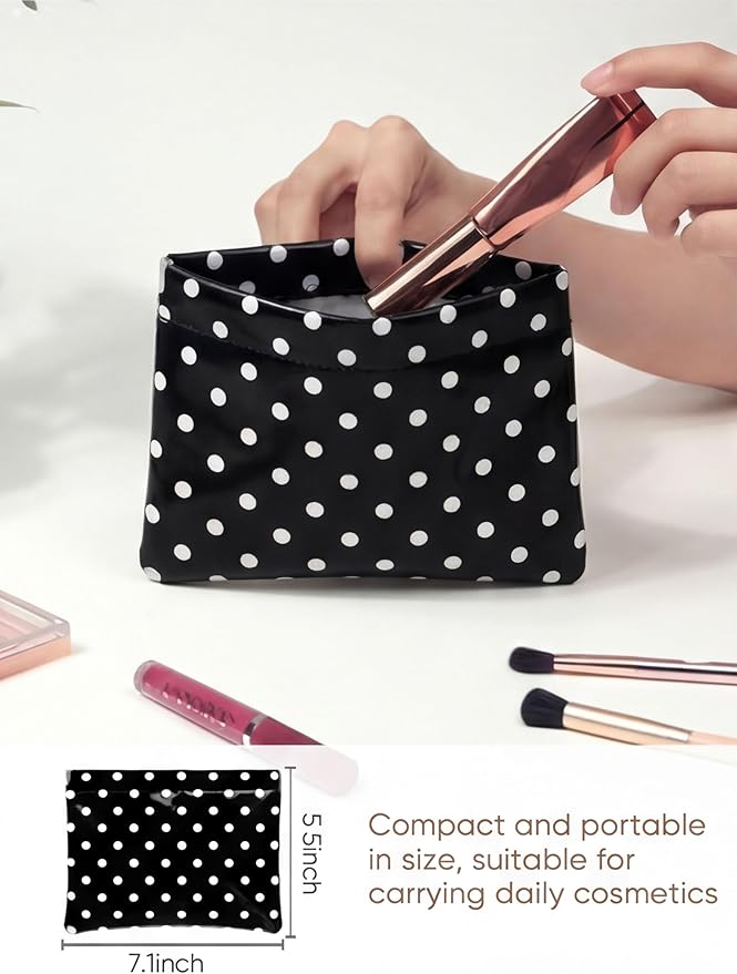 Dots Leather Makeup Pouch Set for Women Small Make Up Bag for Purse Waterproof Initial Makeup Cosmetic Bags Pouches for Purse Aesthetic Travel Toiletry Bag,Black White