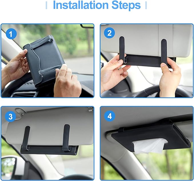 Car Tissue Holder, Upgraded Version Hanging Tissue Holder in Car, Premium PU Leather Cars Napkin Holder for Universal Auto, Easy to Use (Black)