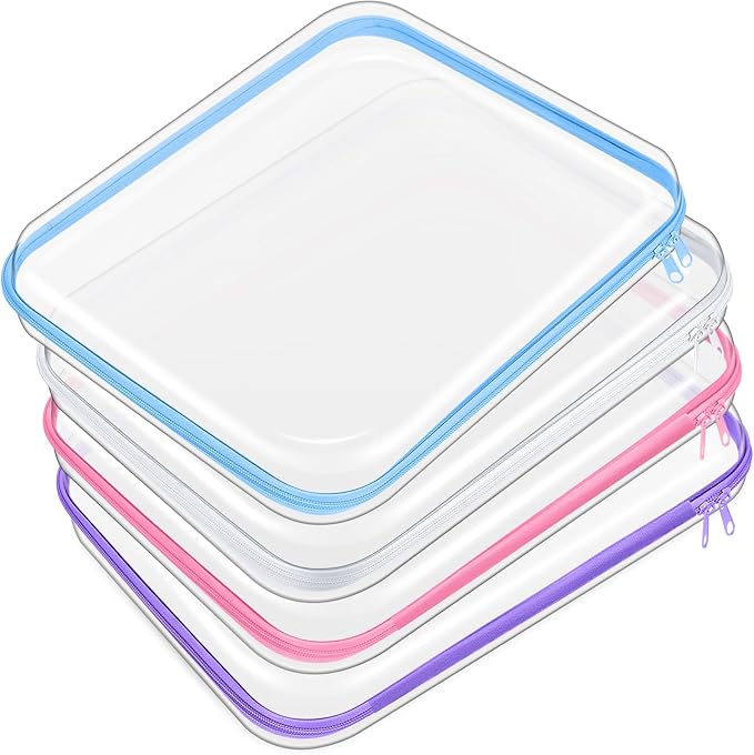 Hoolerry 4 Pcs Hard Clear Zipper Case Makeup Bags Plastic Zipper Pouch Transparent Storage Box Containers for Cosmetics, Snacks, Building Blocks, Puzzles(Clear,13.8 x 11.8 x 2 in,Multicolor)