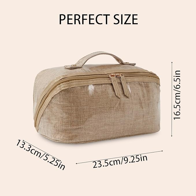 DYSHAYEN Stripe Travel Makeup Bag with Compartments Clear Coated Cosmetic Bag for Women, Waterproof Portable Open Flat Toiletry bag （Linen）