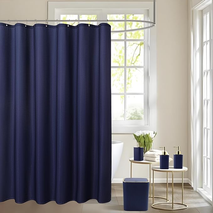 Bathroom Set with Shower Curtain and Rugs- 25PC Blue Bathroom Accessory Set, Navy Blue Shower Curtain Set, Toilet Brush, Trash Can, Qtip Holder & Soap Dispenser