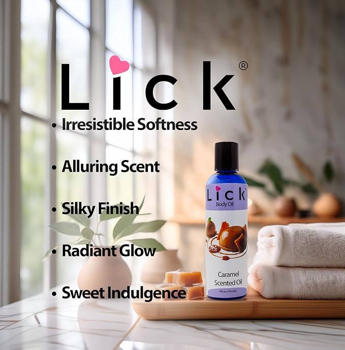LICK Caramel Dessert-Inspired Scented Body Oil – Fast-Absorbing Daily Hydration with Almond Oil & Vitamin E – 4 oz