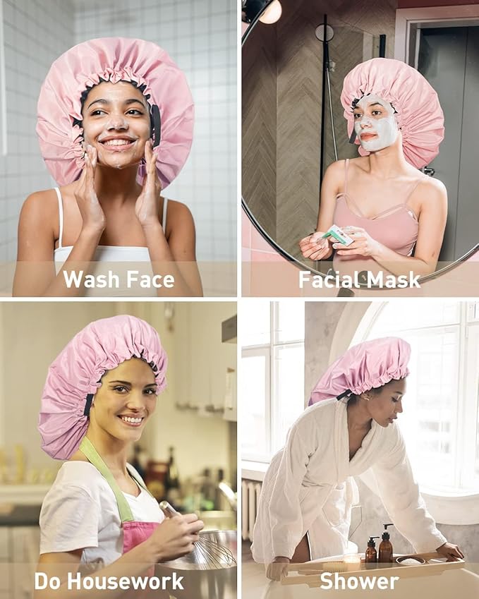 Aquior Shower Cap,Extra Adjustable Shower Caps for Women Double-Layer Waterproof Reusable Hair Cap, Large Size Hair Cap for All Hair,for Girls Spa Bath,Soft and Comfortable (Pink)