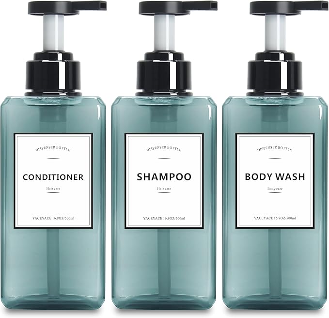 25oz Set of 3 Clear Blue Refillable Pump Bottles, Shampoo & Soap Dispenser for Kitchen