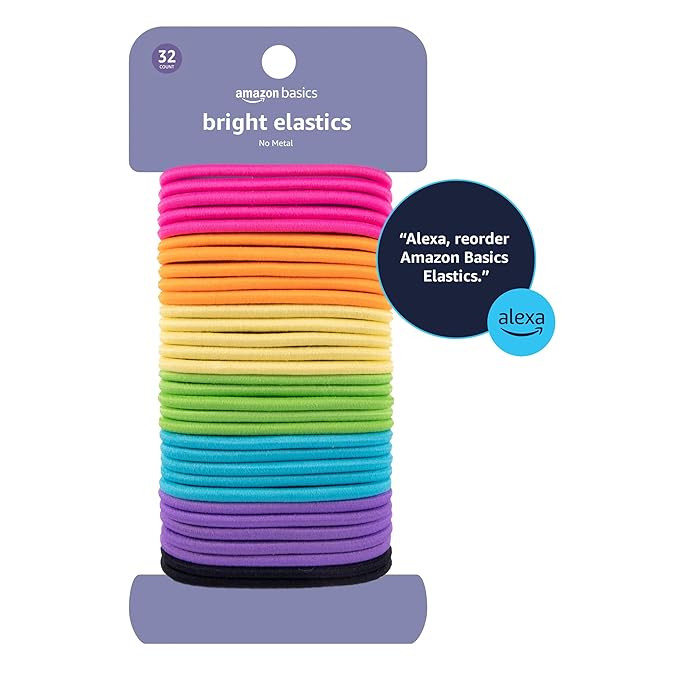 Amazon Basics No Damage Elastic Hair Ties, Ponytail Holders for Thick Hair, No Pull, Secure Hold, Snag-Free, Bright 4 MM Elastics for All Types, 32 Count