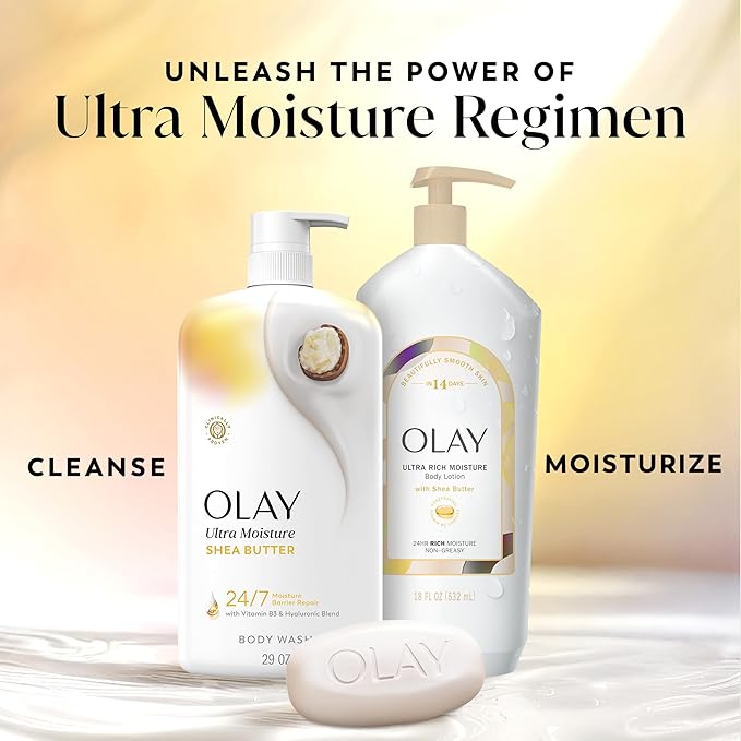 Olay Body Wash for Women, Ultra Moisture, 24/7 Moisture Barrier Repair, Hydrating Formula for Visibly Healthy Soft Skin, Vitamin B3 & Hyaluronic Blend, For All Skin Types, Shea Butter Scent, 29 fl oz