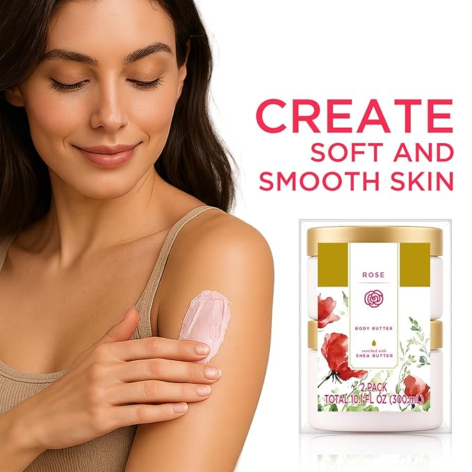 Princess Belle Rose Body Butter, Body Moisturizer for Dry Skin, Body Butter for Women Smell Good, Rose Gifts for Women-2 Pack (3.4floz + 6.8 floz)
