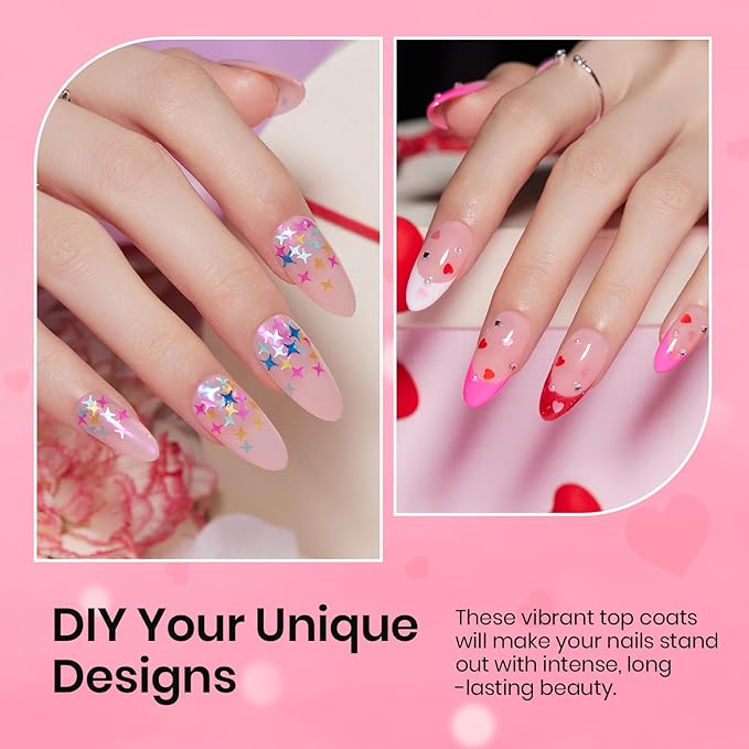 beetles Gel Polish 6Pcs Heart Star Reflective Glitter Gel Top Coat Set, Clear Pink Color Pastel Nail Polish No Wipe Top Coat Long Lasting Highly Shine Soak Off Uv Gel Art