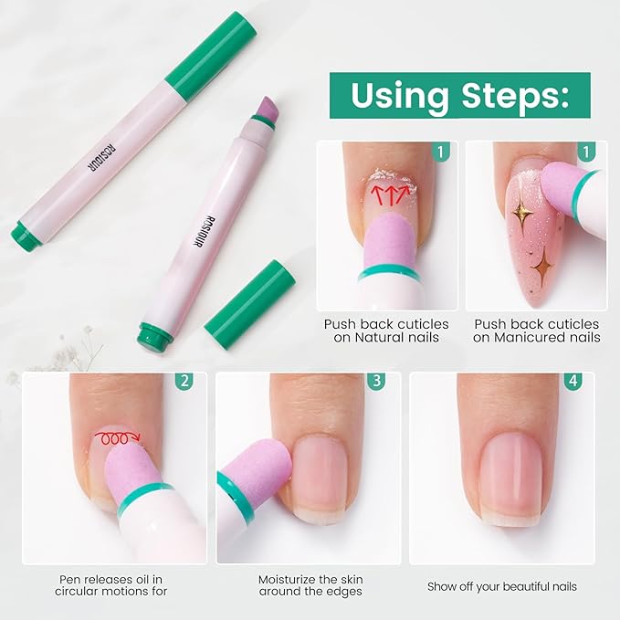 Ceramic Cuticle Oil Pusher Pen: 2PCS Nail Cuticle Buffer Pens for Hangnails, Dry & Damaged Nails, Moisturize Strengthen Brighten Nails
