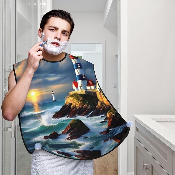 Lighthouse Diamond Paint Print Beard Bib Apron For Men, Beard Hair Catcher For Men Shaving Trimming,Beard Cape Cloth, Black