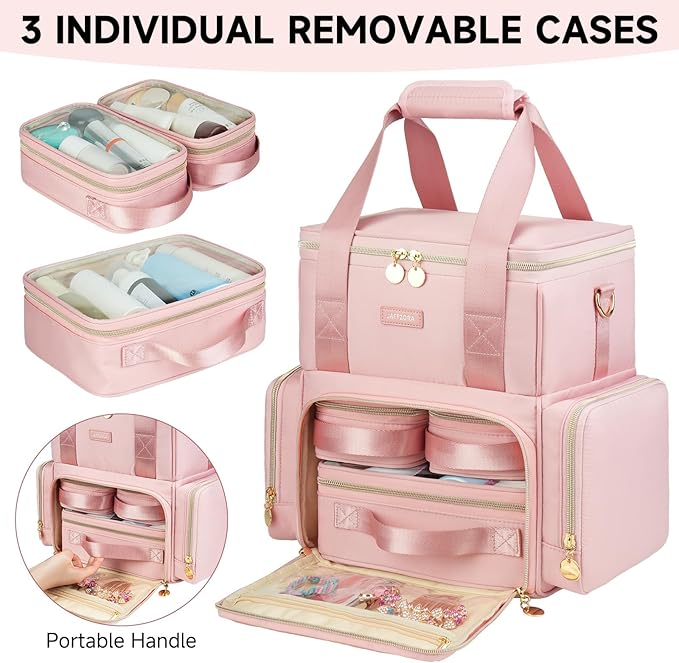 Extra Large Makeup Bag,4 in 1 Cosmetic Storage Organizer Travel Case with 3 Detachable Pouches and Dividers,Pink