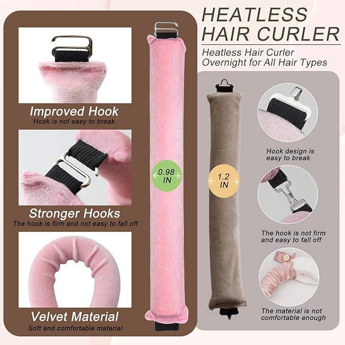 Heatless Curling Rod, 1 Pink 3Pcs, Flexi Rod for All Hair Types, Easy to Use Sleep Curling Ribbon with Hook, Curl Styling Kit for Overnight Hair Curl, Ideal for Travel, Great Gift