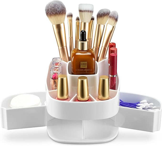 Masirs Small 360 Rotating Makeup Organizer - Mini Yet Spacious Cosmetic Storage Solution with Multiple Compartments - The Perfect Spinning Make-Up Caddy for Vanity or Bathroom Counter (Square - White)