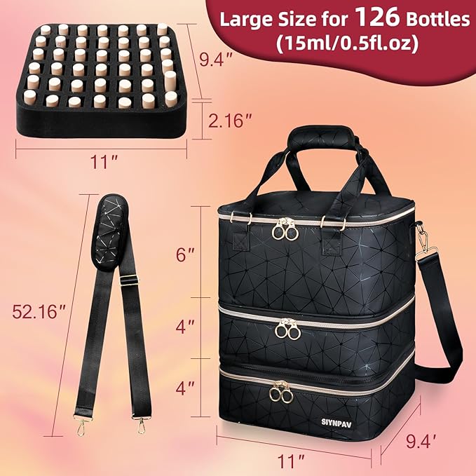Nail Polish Organizer Bag Holds 126 Bottles (15ml/0.5fl.oz)& Nail Lamp, 3 Layers Detachable Nail Kit Storage Case PU Leather, Large Travel Nail Supplies Shoulder Bag for Manicure Tools (Black)