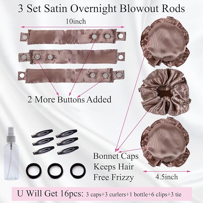 3 Sets Satin Heatless Curling Set Overnight Curls Blowout Rods Soft Hair Curlers to Sleep in Bun Bons Heatless Curls with Bonnet Cap No Heat Headband Silk Roller Wrapper Brown