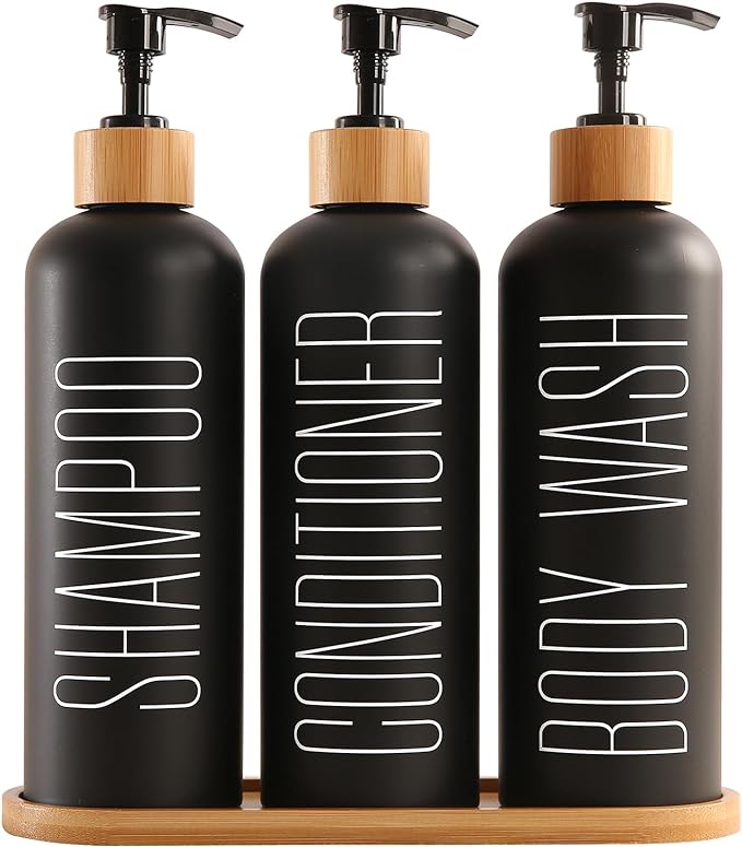 Shampoo and Conditioner Dispenser with Bamboo Pumps & Tray, Perfect for Bathroom Essentials for New Home (Black)