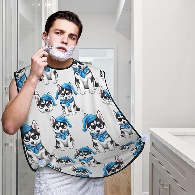 Men's Shaving Accessory Siberian Husky Puppy Dog, Waterproof Beard Apron with Hair Catcher & Suction Cups