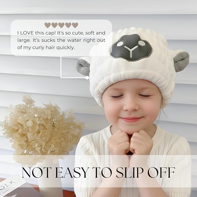 Microfiber Hair Towel Wrap for Kids, White Sheep Dry Hair Cap Suck Water, Absorbent Quick Girls Boys Hair Drying Towel, Lightweight Bouncy Hat Headscarf