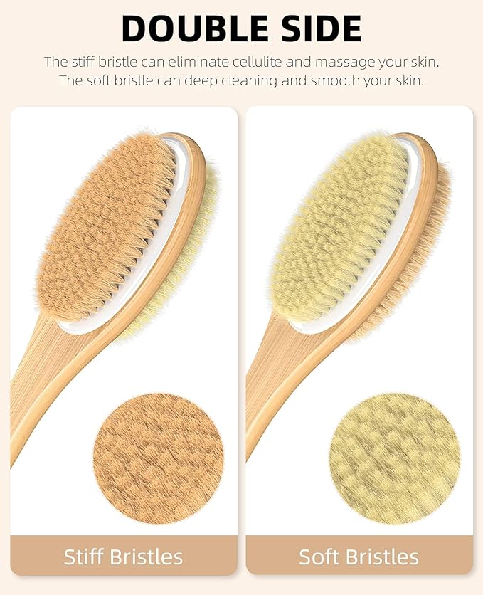 Back Scrubber for Shower, Long Handle Dual-Sided Shower Brush with Soft and Stiff Bristles, Body Exfoliator