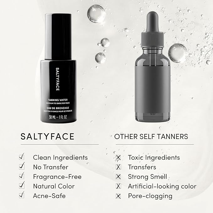 SALTYFACE - Tanning Water (Medium to Dark) - Self Tanner for Face, Neck, Ears, Chest - No Color Transfer - Oil Free, Fragrance Free - Streak-Free, Non-Clogging - Vegan Skin Care - 1 FL OZ (30 ML)