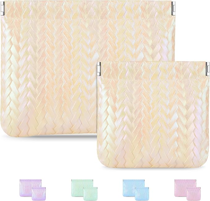 2 PC Pocket Cosmetic Bag for Purse, Lipstick & Coin Storage Purse Organizer Pouches,Small Cosmetic Bag for Women,Holographic Yellow Faux Leather Waterproof, Travel Makeup Pouch & Essentials