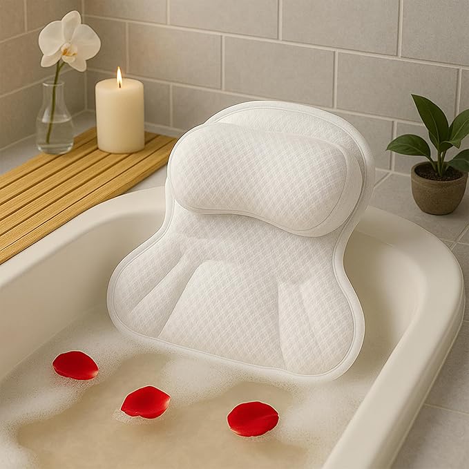 Luxury Bath Pillow for Tub – 4D Air Mesh Cushions with Non-Slip Suction Cups – Extra Soft Bathtub Headrest for Head, Neck & Back Support – Machine Washable Spa Bath Accessories Gift – White