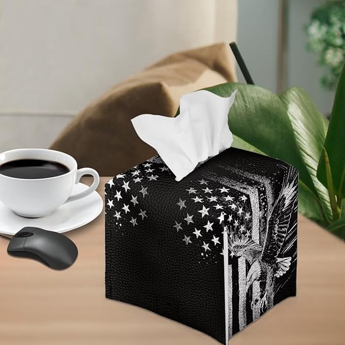 American Flag Eagle Portable Tissue Box Holder, Lightweight PU Leather Square Tissue Cover with Metal Button, Easy Refill Waterproof Napkin Dispenser for Travel, Car, Office, and Bedroom