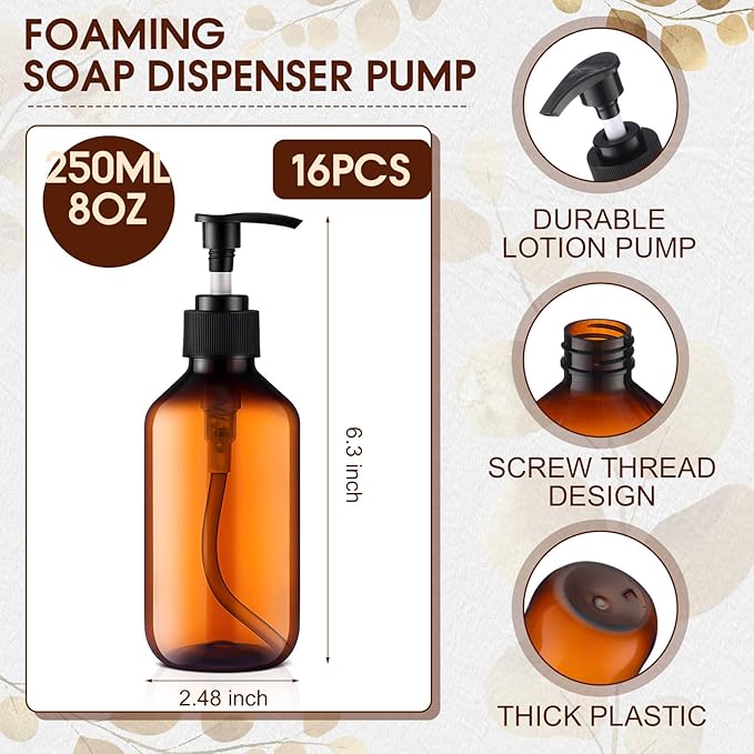 Uiifan 16 Pcs 8.5 oz Amber Foaming Soap Dispenser Refillable Foam Pump Bottle Liquid Plastic Container for Kitchen Bathroom Commercial Concentrated or Regular Shampoo Body Wash Dish Liquid Soap