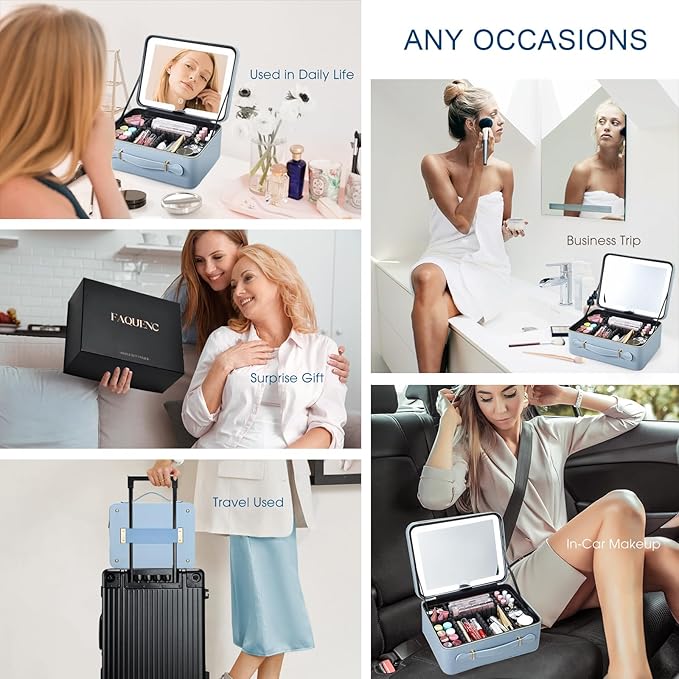 Leather Makeup Case with LED Lighted Mirror 11.4 Inch Travel Makeup Bag Adjustable Brightness in 3 Colors Cosmetic Organizer Artist Storage Bag with Dividers Brush Holder Bag Vanity Blue