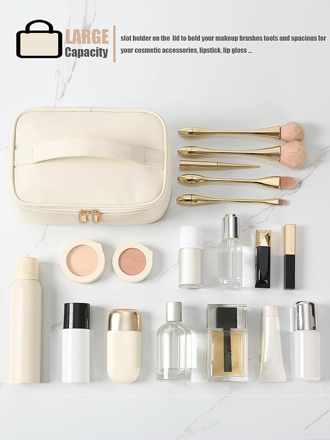 Meiyuuo Makeup Bag Large Cosmetic Bags for Women Girls Cute Travel Zipper Pouch Toiletry Organizer for Beauty Essentials Waterproof (Beige)