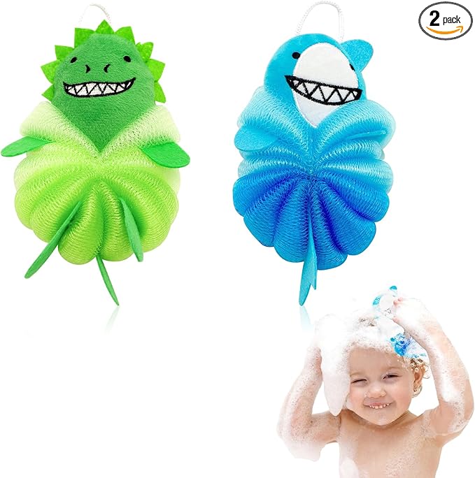 Kids Bath Sponge & Loofah for Kids - 2 Pack Net-Style Mesh with Dinosaur & Shark, Gentle Baby Sponge for Bathing & Toddler Loofah, Soft Exfoliating Pouf
