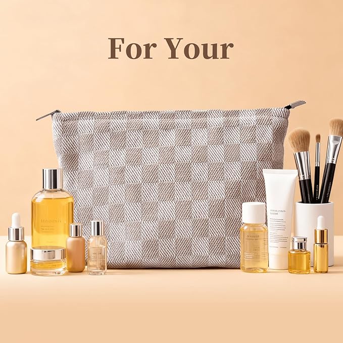 Khaki Checkered Makeup Bag for Women, Canvas Cosmetic Bag with Zipper Lining, Travel Makeup Pouch for Purse, Travel Pouch for Toiletry, Cosmetic, Sunscreen, Hygiene, Skincare, SPF, Medicine, Sunblock