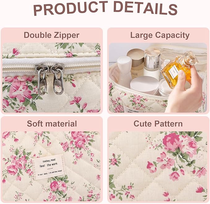 3Pcs Cotton Quilted Makeup Bag Large Travel Cosmetic Bag Coquette Makeup Pouch Cute Aesthetic Floral Toiletry Bag for Women Girls (flower-M)