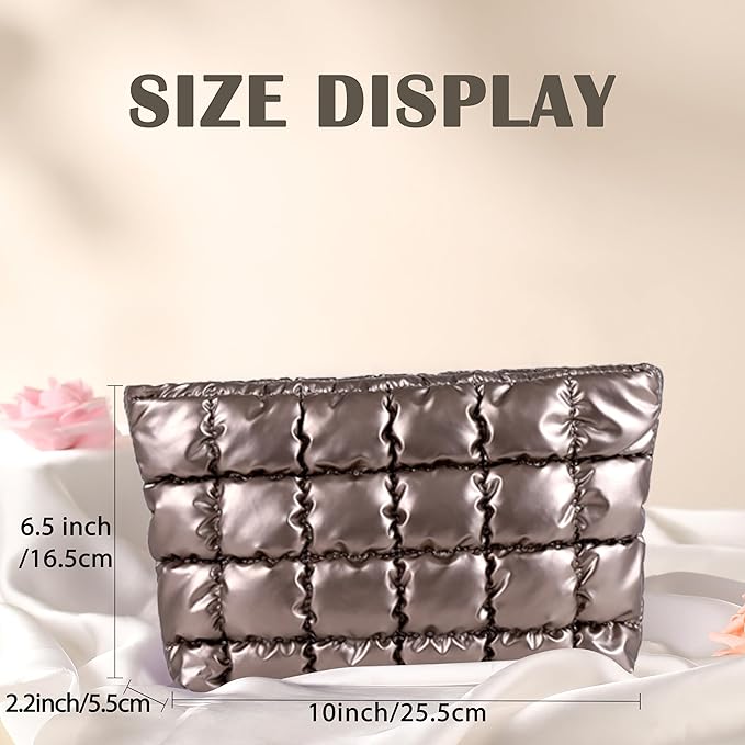 Puffy Quilted Makeup Bag, Cosmetic Bag, Travel Toiletry Organizer Pouch, Clutch for Women (Gold)