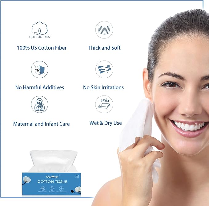 Extra Thick Disposable Face Towel, Disposable Makeup Removing Wipes, 100% USA Cotton and 100% Organic & Cruelty Free, Lint-Free Cotton Tissues for Sensitive Skin 100 Count