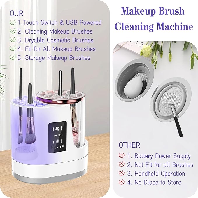 Makeup Brush Cleaner Machine, 3 IN 1 Electric Makeup Brush Cleaner & Dryer, Cosmetic Brushes Cleanser, USB Makeup Brush Washer, Cosmetic Brushes Cleaner Tool for All Makeup Brush, Sponges (White)