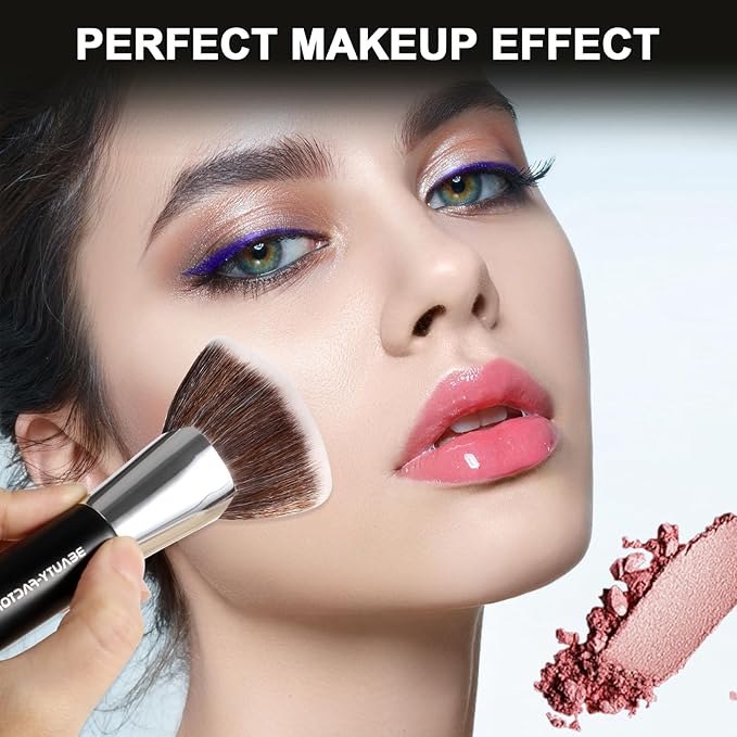 Bronzer Brush for Face - 12CM Fan-shaped Powder Blending Coutour Brush for Loose & Pressed with Fluffy & Soft and Dense Bristles Kabuki Makeup Brushes for Setting Powder, Foundation, Contour, Buffing