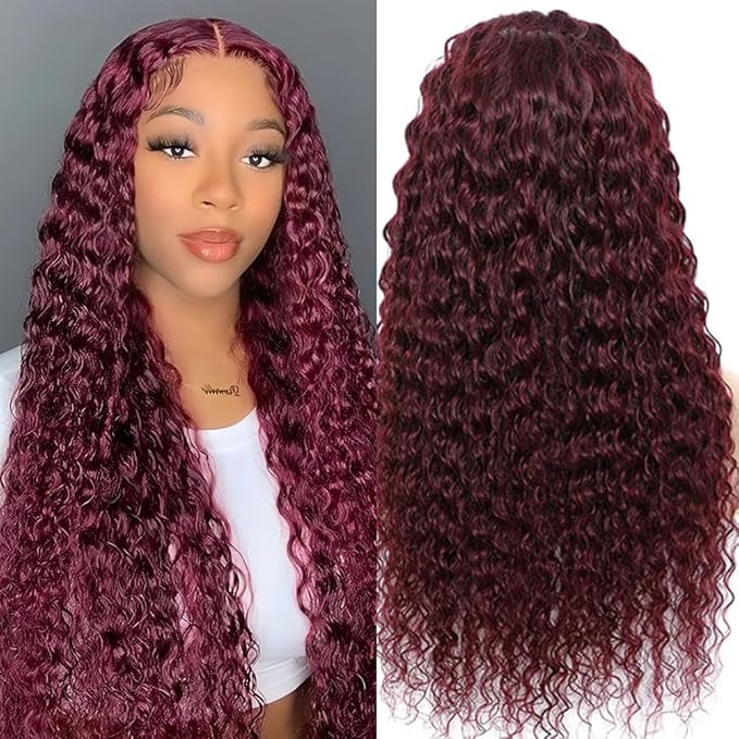 99j Burgundy Deep Wave Lace Front Wigs Human Hair Glueless Wigs Human Hair Pre Plucked Pre Cut 5X5 HD Lace Closure Wigs Curly 180% Density Lace Front Wigs for Black Women 30 Inch