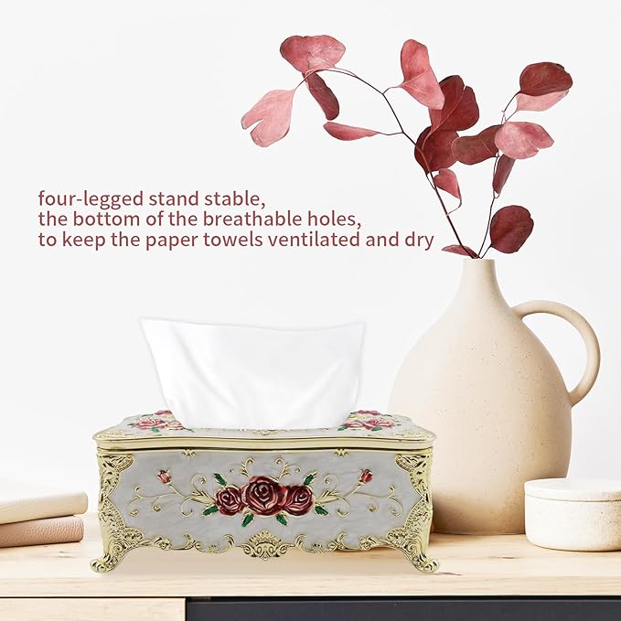 9.45"x5.43"x3.94" Luxurious Rose Tissue Box with Imitation Diamonds, Embossed Flowers, Elegant Tissue Paper Holders for Home Toilet Bath Hotel,Gold-White-red