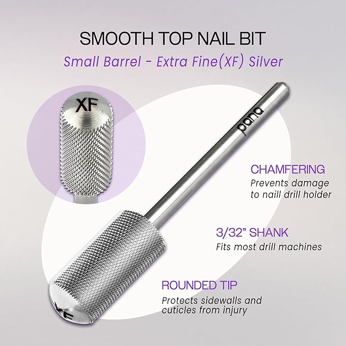 PANA 3/32" Shank Size - Smooth Top Small Barrel Carbide Bit Nail Drill Bit for Electric File Machine Manicure Pedicure Tools (Silver, Extra Fine)