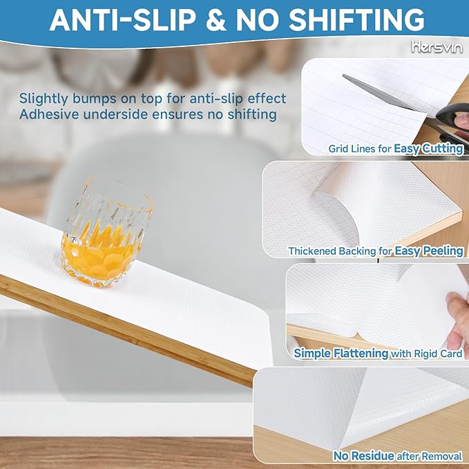 Hersvin Shelf Liners 12 in x 20 ft Self-Adhesive EVA Drawer Mats, Cupboard Protector, Kitchen Cabinet Lining Fridge Liner (White Flat Dot, 30.5x610cm)